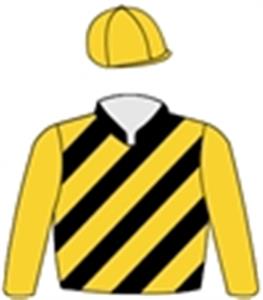 Black & gold diagonal stripes, gold sleeves & cap