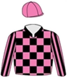 Black & rose chequers, striped sleeves & cap