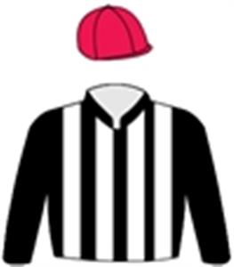 Black & white stripes, black sleeves, red cap