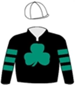 Black, emerald green shamrock, hooped sleeves, white cap