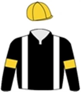 Black, white braces, gold arm bands & cap