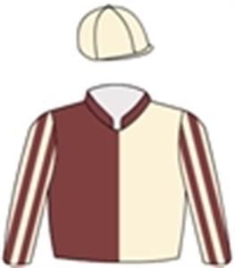 Brown & cream halves, brown stylised logo, striped sleeves, cream cap