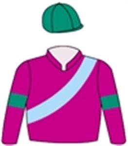Cerise, light blue sash, emerald green armbands & cap