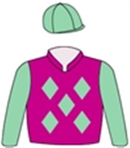 Cerise, light green diamonds (b&f), sleeves & cap