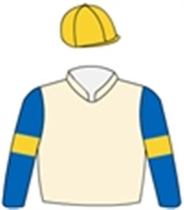 Cream, royal blue sleeves, gold armbands & cap