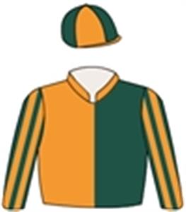 Dark green & orange halves, striped sleeves & quartered cap