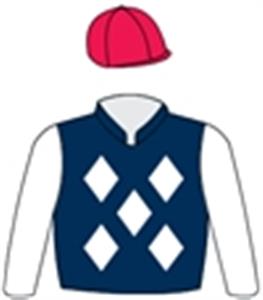 Dark blue, white diamonds & sleeves, red cap