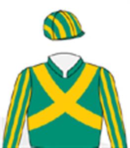 Emerald green, gold crossed sashes, striped sleeves & cap