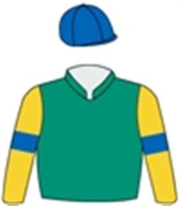 Emerald green, gold sleeves, royal blue armbands & cap