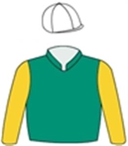 Emerald green, gold sleeves, white cap