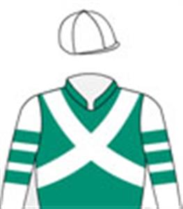 Emerald green, white crossed sashes, hooped sleeves, white cap