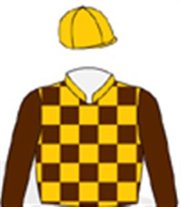 Gold & brown chequers, brown sleeves, gold cap