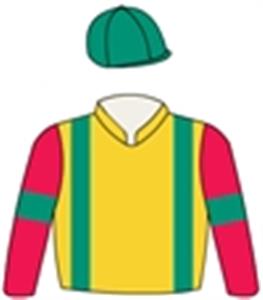 Gold, emerald green braces, red sleeves, emerald green armbands & cap