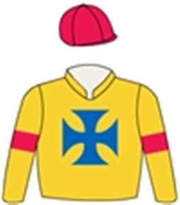 Gold, royal blue Maltese Cross, red armbands & cap