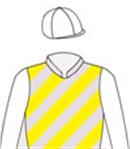 Grey & yellow diagonal stripes, white sleeves & cap