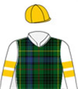 Hunting Stewart tartan, white sleeves, gold armbands, black cap
