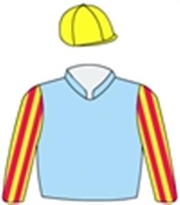 Light blue, red & yellow striped sleeves, yellow cap