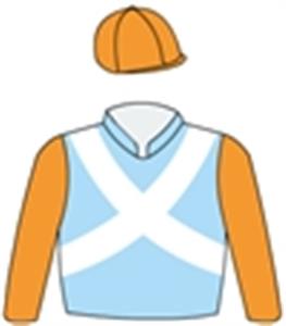 Light blue, white crossed sashes, orange sleeves & cap