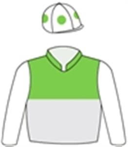 Lime green, silver halves, white sleeves & cap with lime green spots