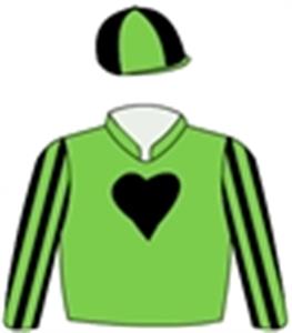 Lime green, black hearts, striped sleeves, quartered cap