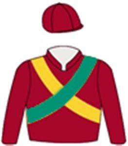 Maroon, emerald green & gold crossed sashes, maroon cap