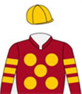 Maroon, gold spots (b&f), hooped sleeves & gold cap