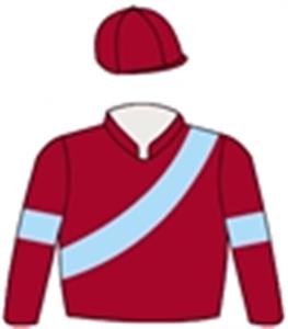 Maroon, light blue sash & arm bands, maroon cap