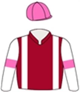 Maroon, white braces & sleeves, pink armbands & cap