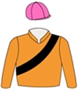 Orange, black sash, pink cap