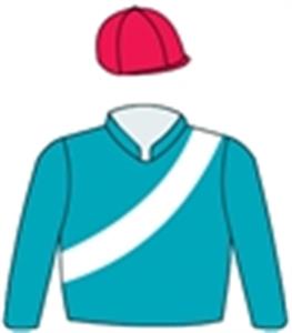 Peacock blue, white sash, red cap