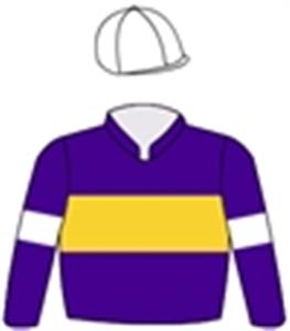 Purple, gold band, white arm bands & cap