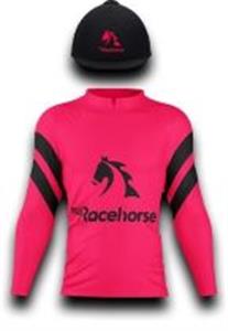 Red, black logo, red sleeves with black chevrons, black cap with red logo