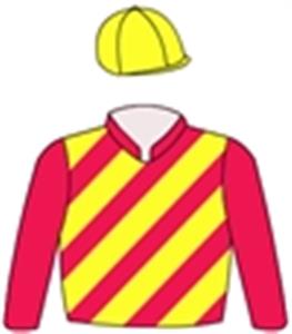 Red & yellow diagonal stripes, red sleeves, yellow cap