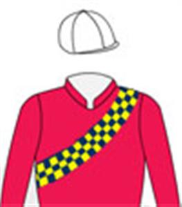 Red, dark blue & yellow chequered sash, white cap