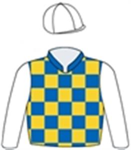 Royal blue & gold chequers, white sleeves & cap