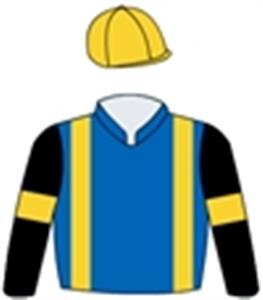 Royal blue, black sleeves, gold braces, armbands & cap