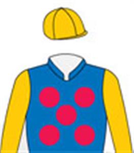 Royal blue, red spots, gold sleeves & cap