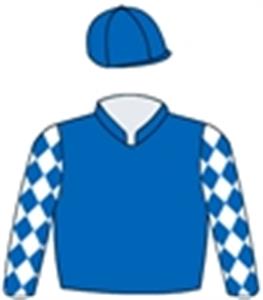 Royal blue, white & royal blue diamond chequered sleeves, royal blue cap with white pom pom