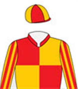 Scarlet & gold quarters, striped sleeves, quartered cap