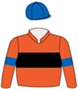 Tangerine, black band, royal blue armbands & cap