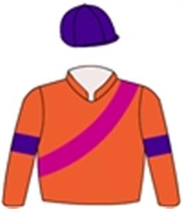 Tangerine, cerise sash, purple armbands & cap