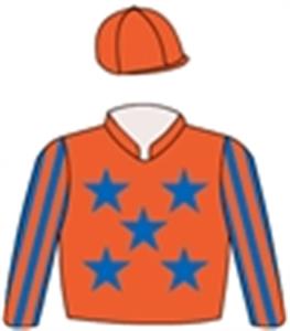 Tangerine, royal blue stars, striped sleeves, tangerine cap