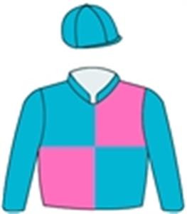 Turquoise & pink quarters, turquoise sleeves, quartered cap