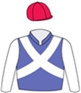 Violet, white sleeves & crossed sashes, red cap