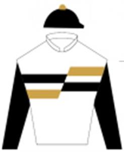 White, black & gold bands, black sleeves & cap with gold pom pom