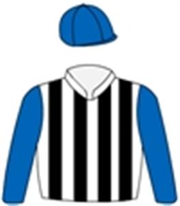 White & black stripes, royal blue sleeves & cap