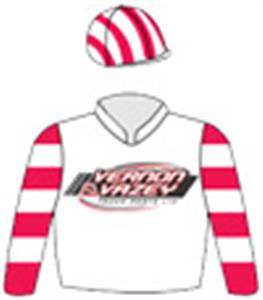 White with stylised logo, red hooped sleeves & striped cap