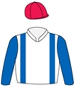 White, royal blue braces & sleeves, red cap