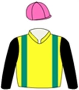 Yellow, emerald green braces, black sleeves & pink cap