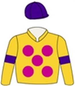 Gold, cerise spots, purple armbands & cap